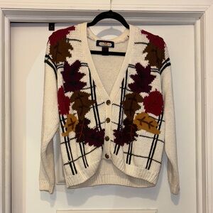 Vintage Princeton Club Cardigan with Knitted Leaf Design - Medium
